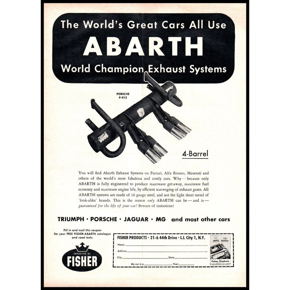 1968 Abarth Exhaust Systems Vintage Print Ad Porsche 4 Barrel Man Cave Wall Art